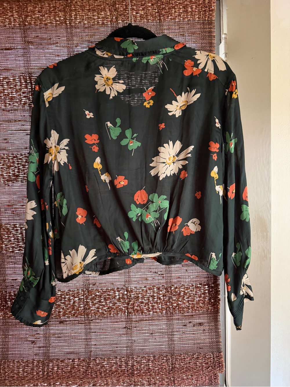 THE GREAT. Dark Green Floral Button-Down Shirt with Cream, Green and Orange Prin - Picture 4 of 5